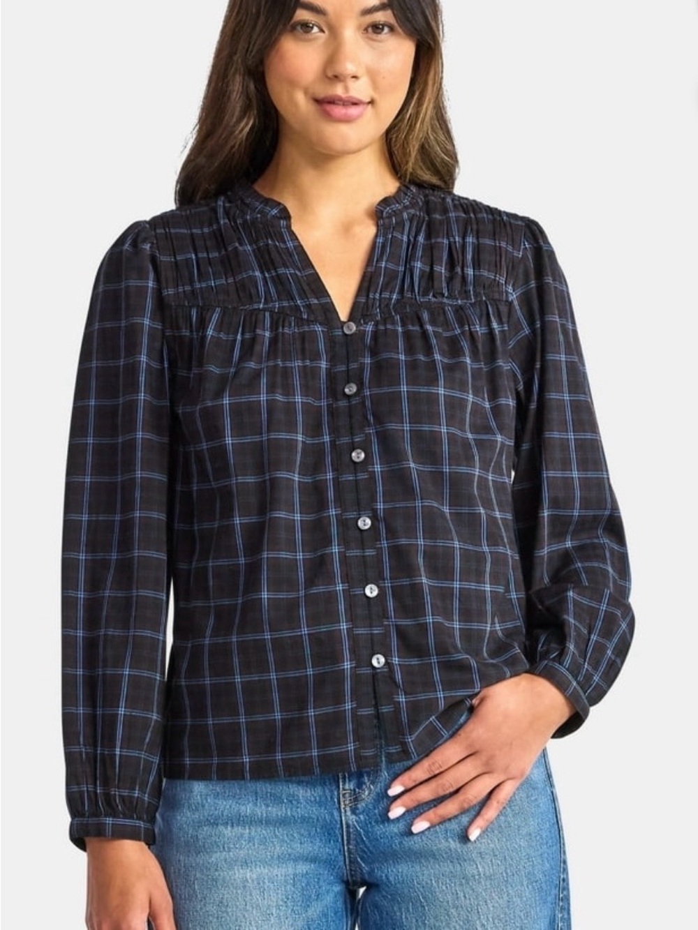 Time and Tru Black & Blue Plaid Button-Front Blouse Top Ruched Yoke Size 3XL